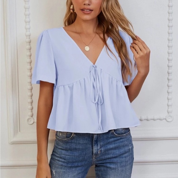 SHEIN Tops - SHEIN Baby Blue Blouse with Knot in Front